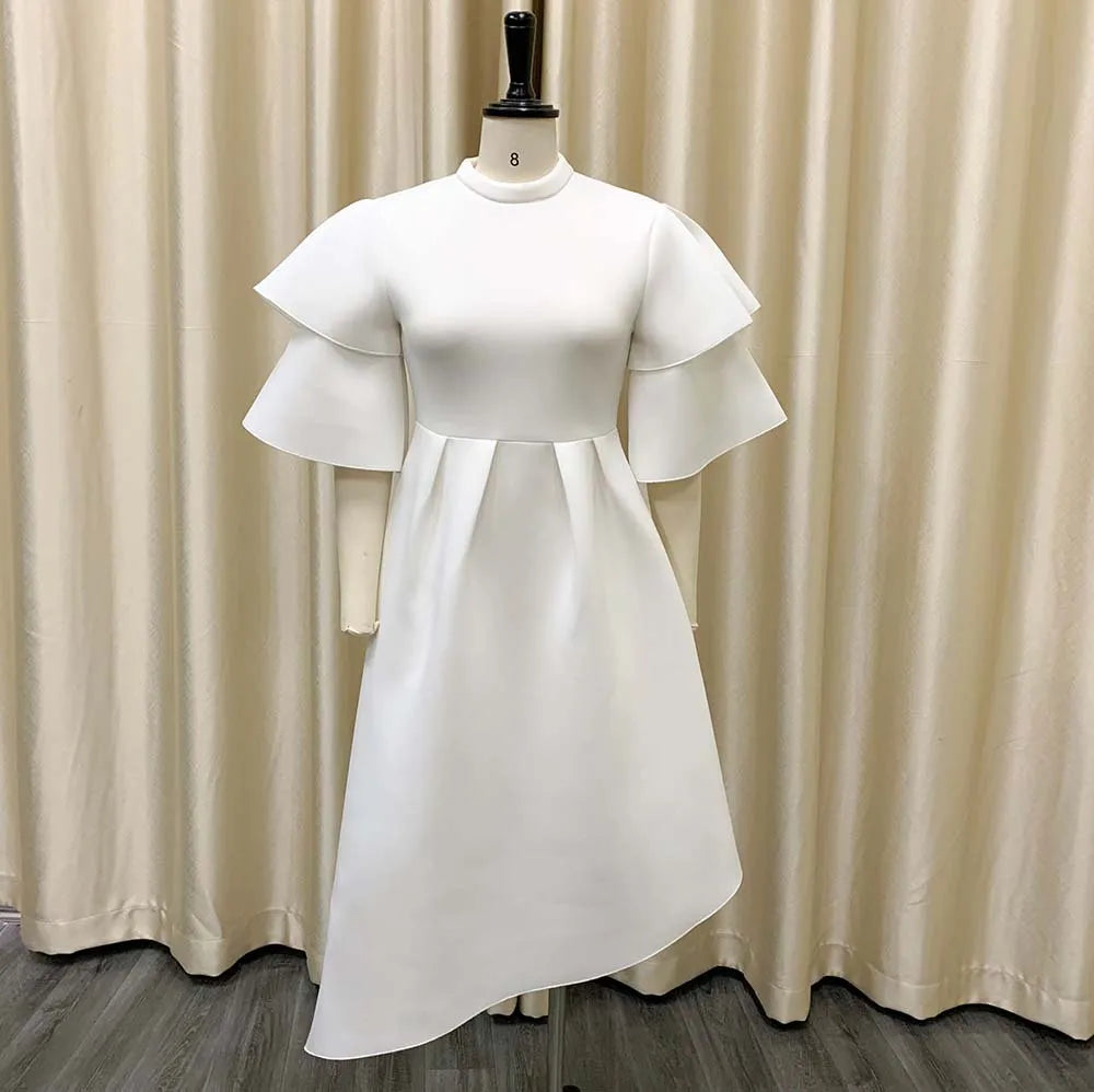Elegant Party Dresses for Woman 2024 New O Neck Ruffles Sleeve High Waisted Asymmetric Mid Calf Luxury Birthday Dinner Vestidos