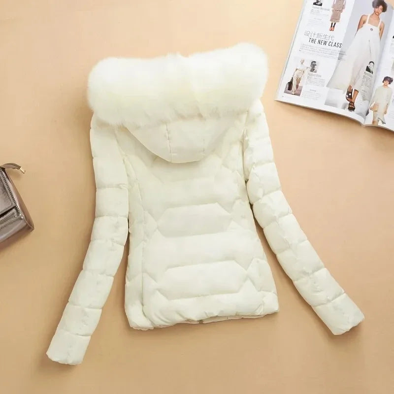 Women's Winter Cotton Padded Big Fur Collar Warm Parkas Jackets