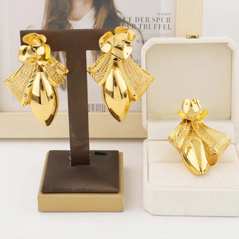 Luxury Bow Tie Necklace Earrings for Women Gold Plated
