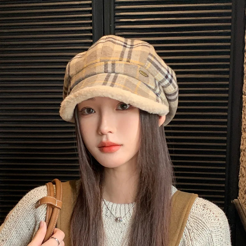 Winter Vintage Plaid Plush Warm Octagonal Women's Hat