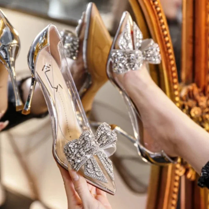 Spring and Autumn New Transparent High Heels Pointed Diamond Decorated Bow Fashion Sexy Banquet Stiletto Women's Shoes