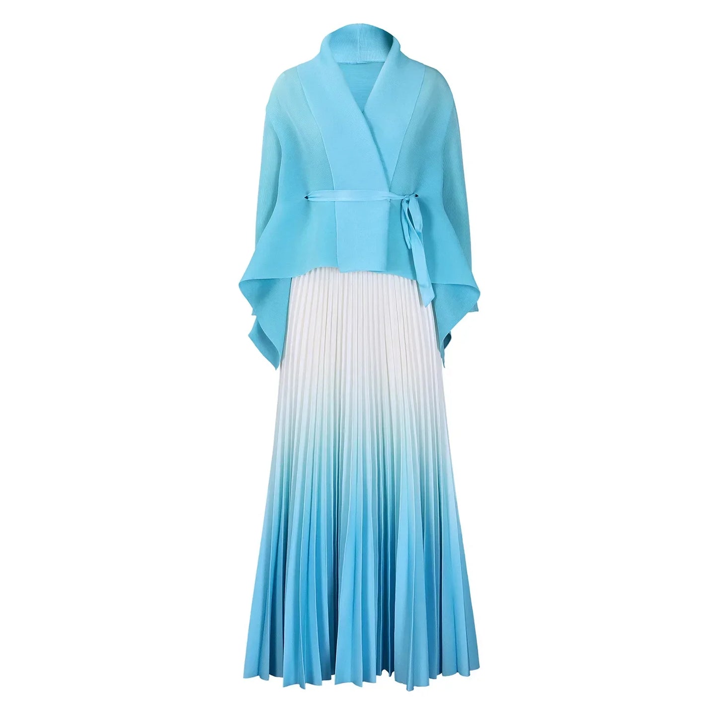 CM.YAYA Gradient Women's Set Full Sleeve Belt Blouse Shirt and Pleated Long Skirts Suit Street Two 2 Piece Set Outfit Tracksuit