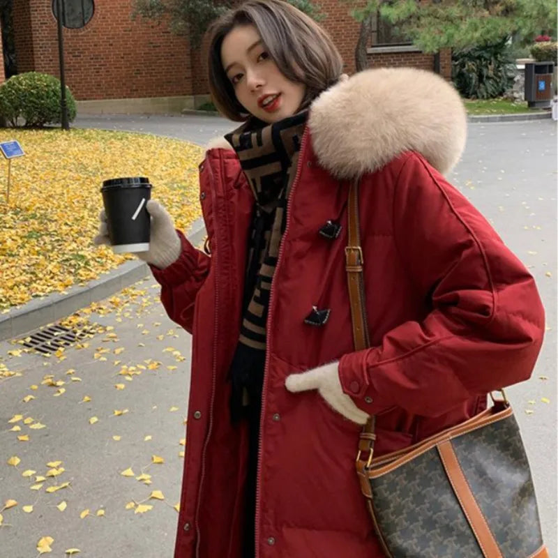 Women's Large Fur Collar Hooded Warm Thick Padded Parka Jacket