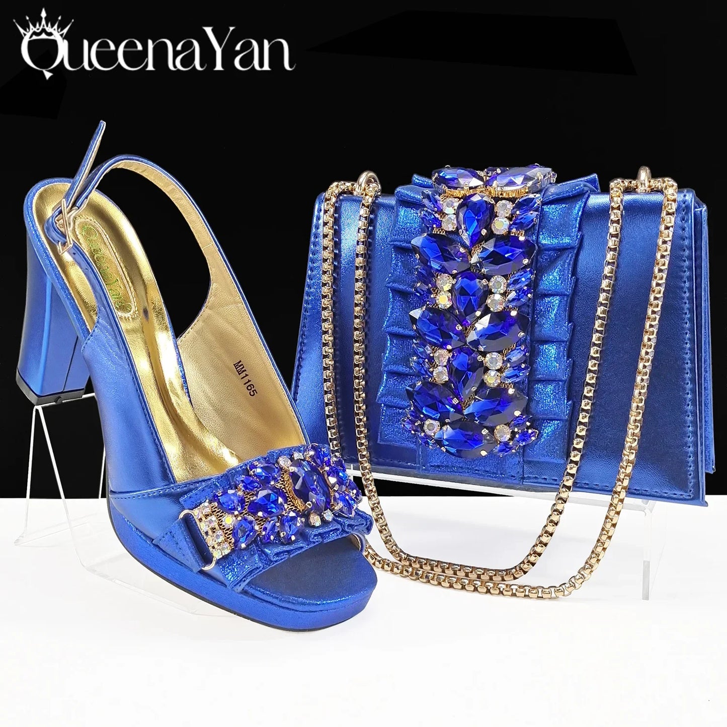 Queena Yan Spot goods INS Gold Color Elegant Women Heels Shoes and Bag Set Decoration Rhinestones Women High Heels Shoes