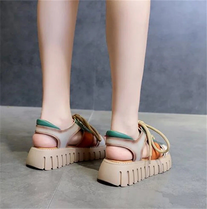 2024 New Lace-up Summer Fish Mouth Sandals Premium PU Spell Color Roman Shoes Woman Sandals Platform Wedges Increase Sandals