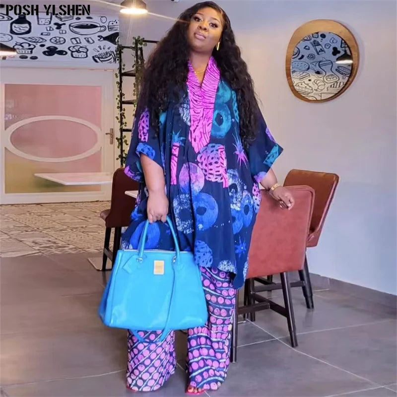 Plus Size African Clothes for Women Ankara Dashiki 2 Pieces Set Print Outfits Trousers Suits
