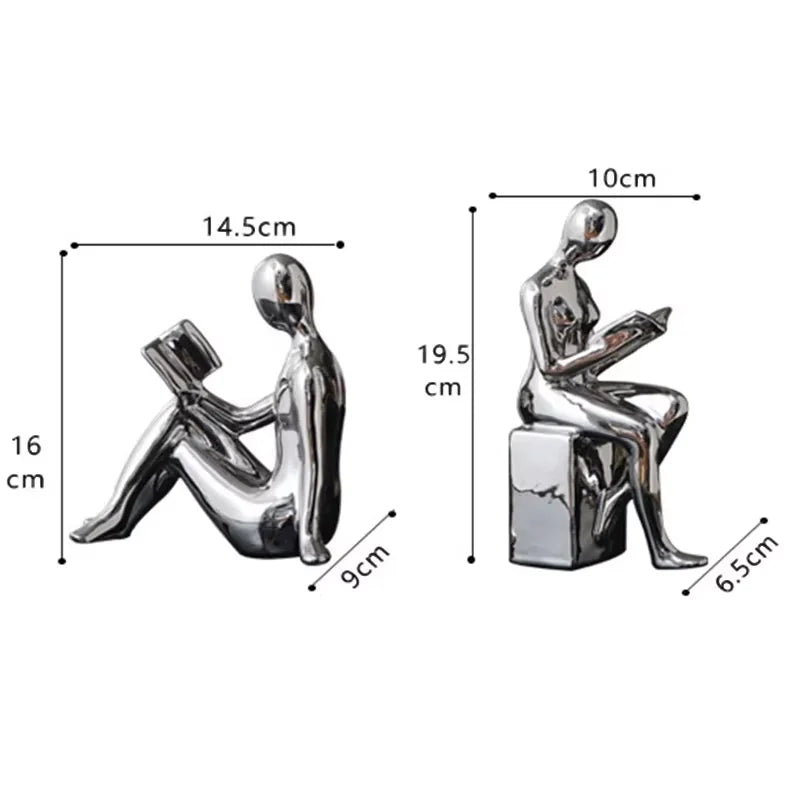 Modern Ceramic Reading Couple Bookends – Gold or Silver Abstract Sculptures (Set of 2)