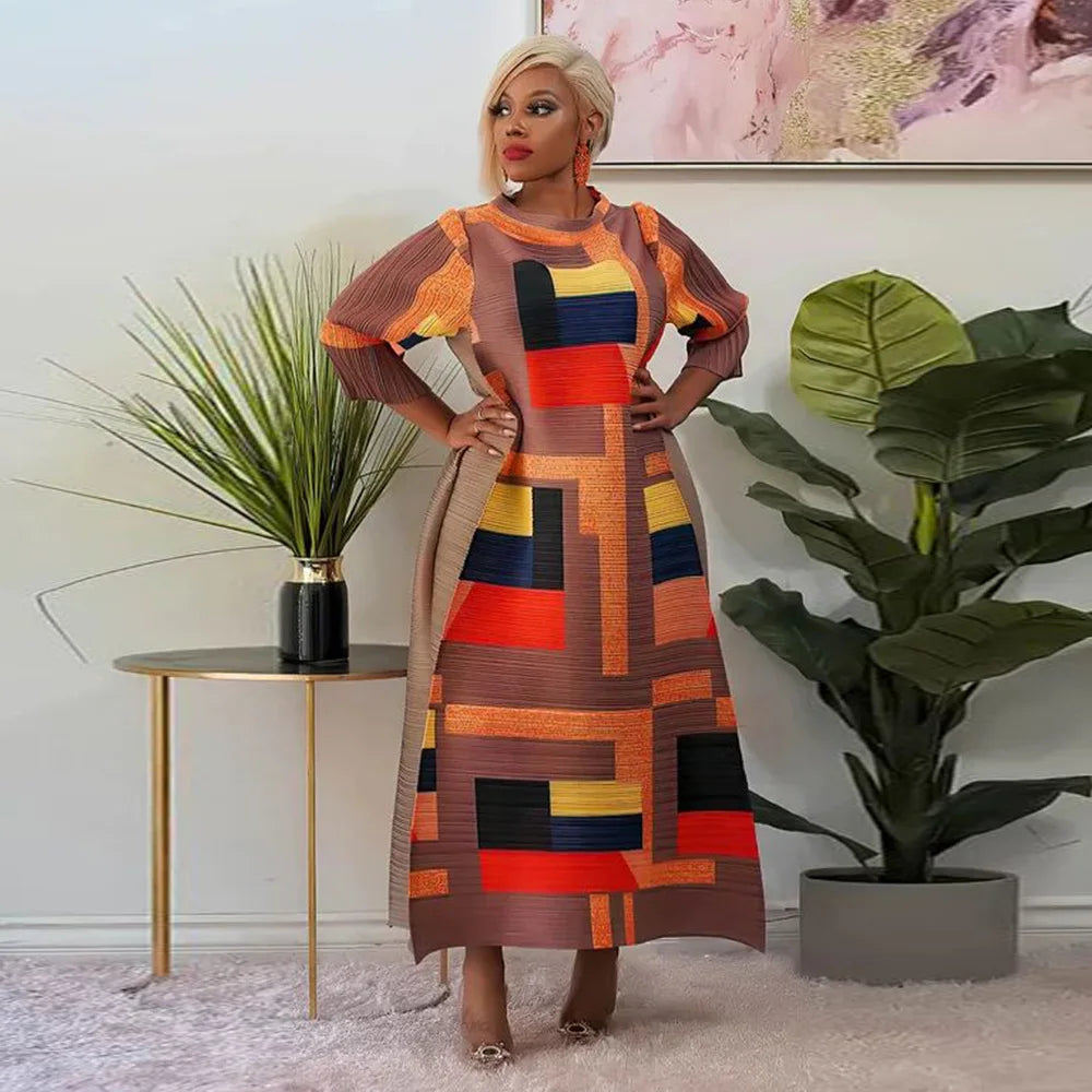 2023 Fashion African 3/4 Sleeve Polyester Plus Size O-Neck Pleated Long Dress Dashiki African Clothes African Dresses for Women