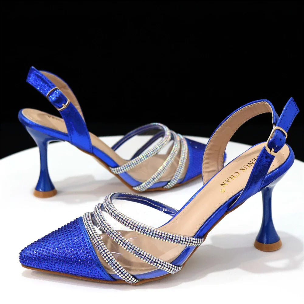 Venus Chan Shoes for Women 2023 Pointed Toe Black Heels Rhinestone Chain Party Sandals Italian Shoes and Bags Matching Set 2023