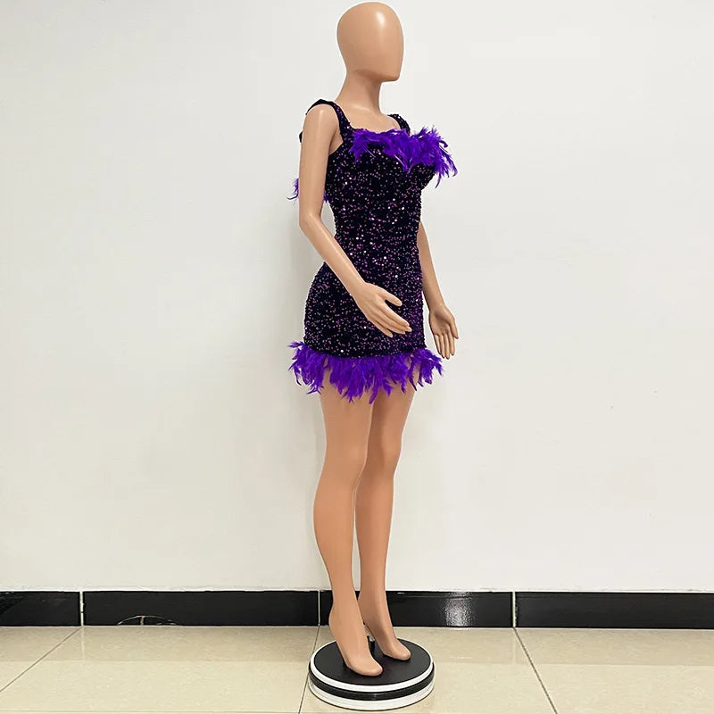 Spring And Summer Women's Clothing MINI Short Solid Color New Wind Sequins Halter Beach Dress One-word Shoulder Feathers Spice G