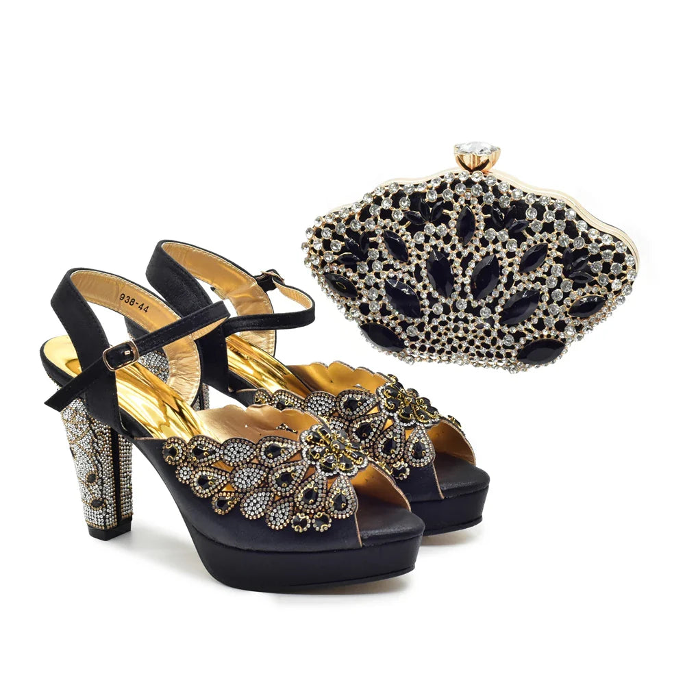 2024 Fashion Black Color High Quality Peep Toe Thin Heels Shoes Matching Bag Set for Nigerian Party Women Women Shoe Size 43
