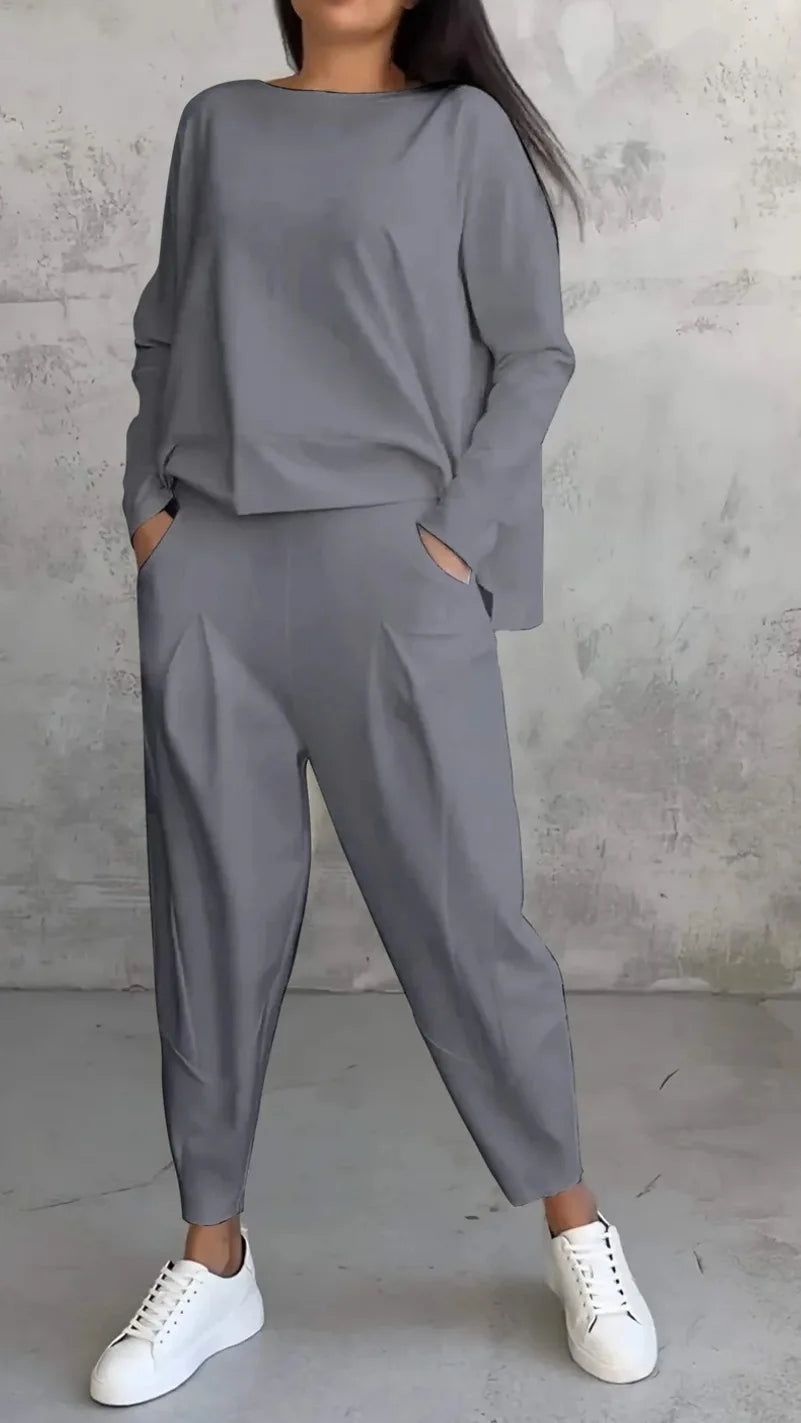 Women Two Piece Pant Sets Solid Full Sleeved Tops Round Neck Casual Midi Waist Long Pants Pockets Regular Elegant Lady