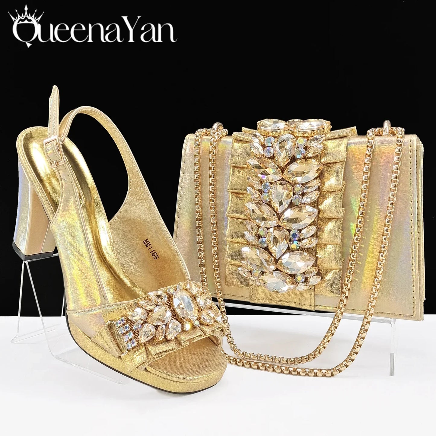 Queena Yan Spot goods 2025 INS Green Color Elegant Women Shoes and Bag Set Decoration Rhinestones Women High Heels Shoes