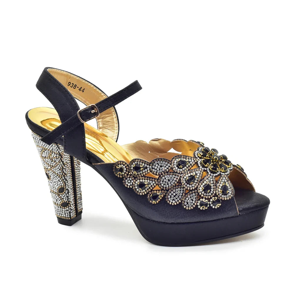 2024 Fashion Black Color High Quality Peep Toe Thin Heels Shoes Matching Bag Set for Nigerian Party Women Women Shoe Size 43