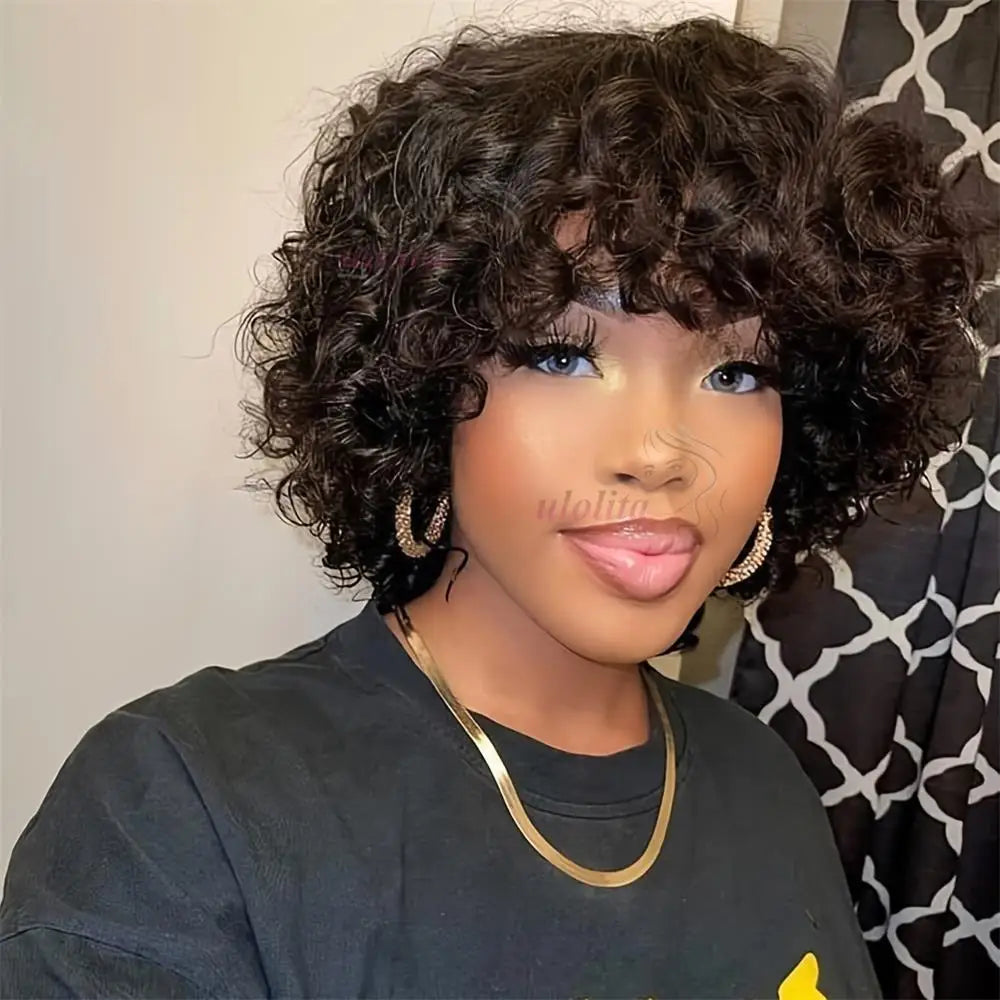 99J burgundy Fumi Curly Bob Wig Bouncy Pixie Cut Wig Highlight Full Machine Egg Curls Curly Human Hair Wigs for Women With Bangs