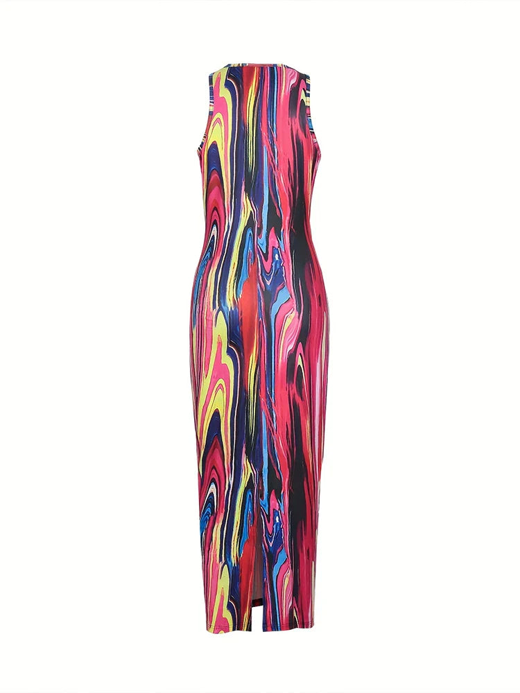 2024 Summer New Women's Round Neck Irregular Colourful Pattern Long Dress Colourful Maxi Dress