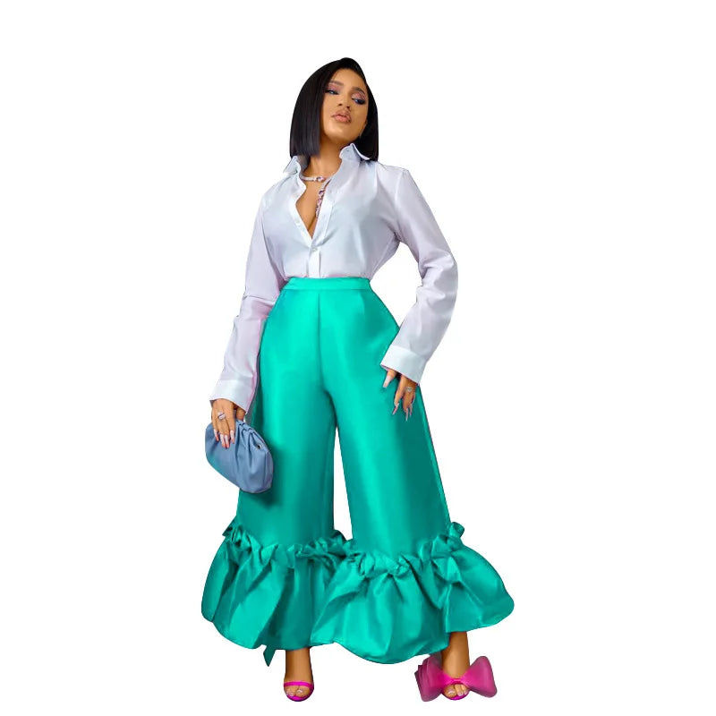 CM.YAYA Women Elegant Ruffles Hem High Waist Loose Wide Leg Flare Pants 2022 Summer Rose Red Black INS Trousers