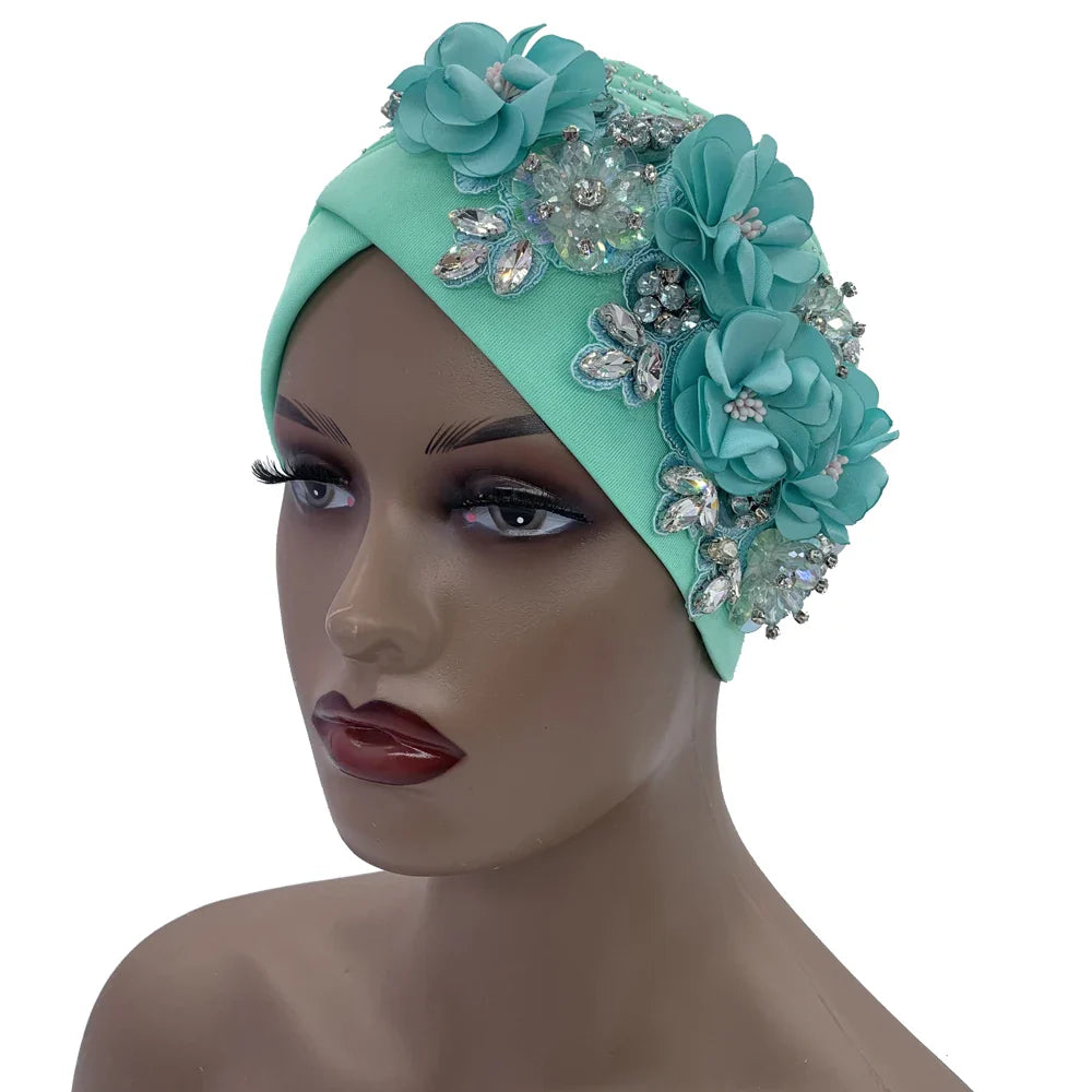 Elegant African Turban Cap with Shiny Rhinestone Ready to Wear Nigeria Auto Gele Headtie Party Women's Head Wrap Bonnet Turbante