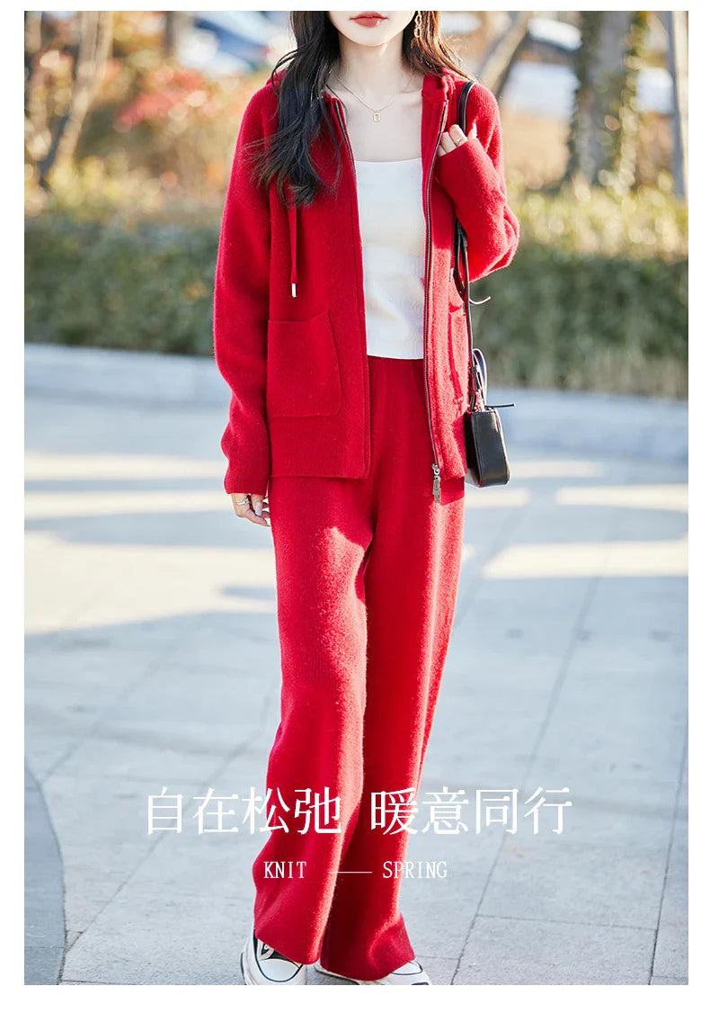 100% Merino wool fall/winter new women's sweater crewneck hooded Cardigan Fashion all-in-one warm pants suit
