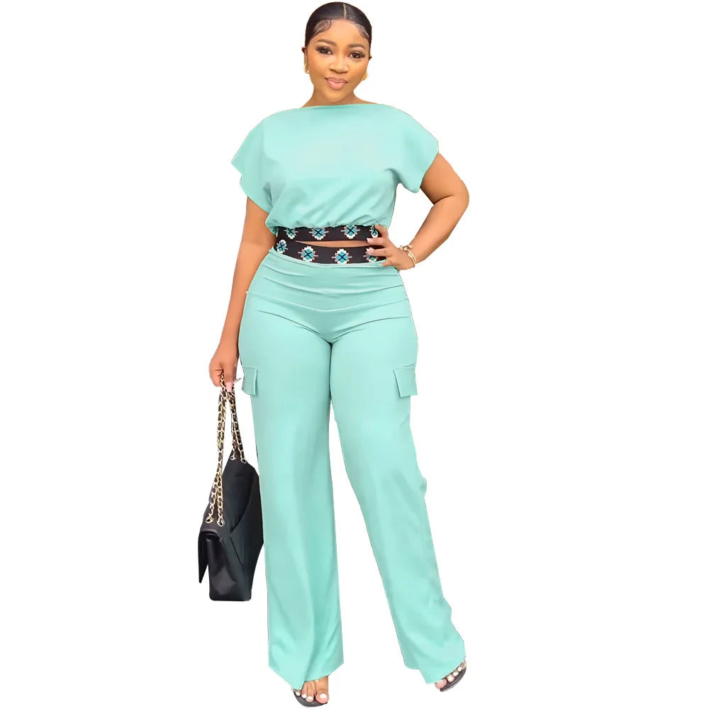 Summer Fall Short-sleeve Trousers Women's 2-piece Set Pullover Tops Elasticated Straight-leg Trousers Casual Fashion Suits Women