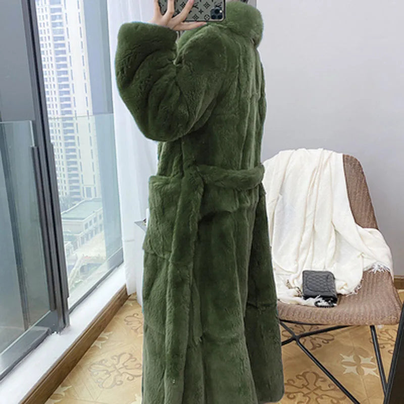 Women's Fashionable Belt Long Thick Warm Faux Fox Fur Jacket