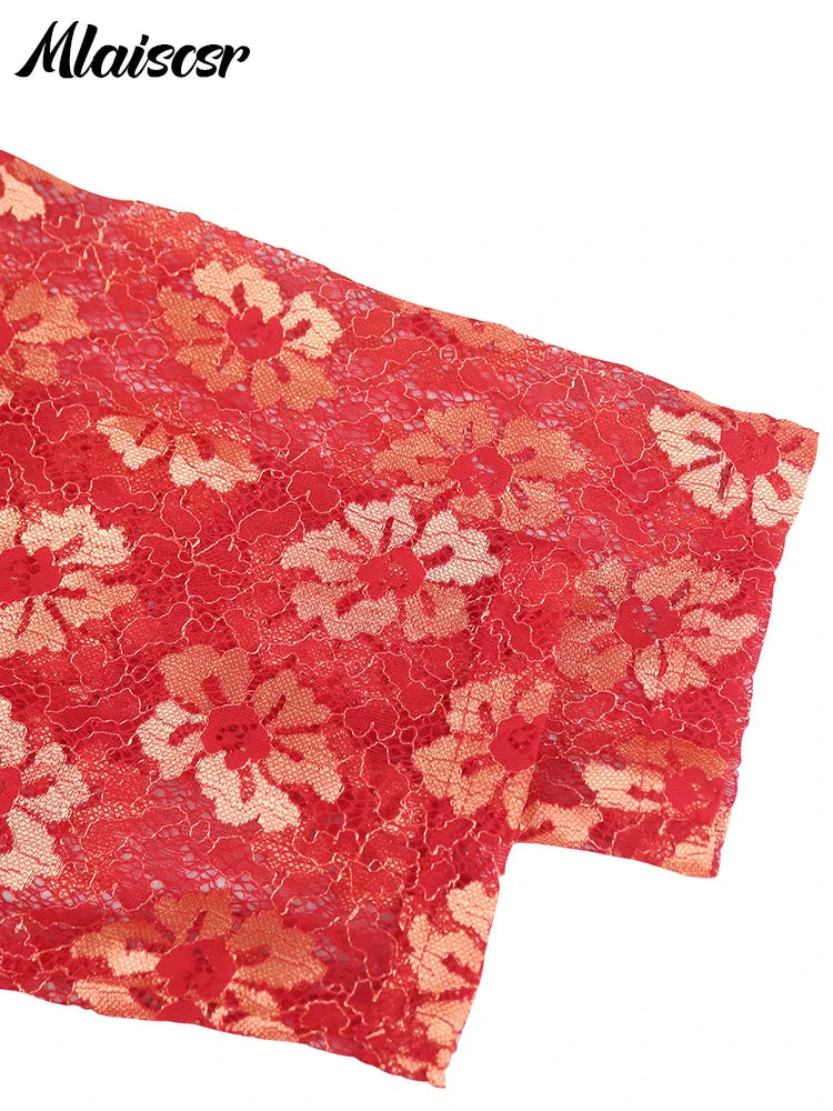 Mlaiscsr New Red Printed Lace Patchwork Pleated A-line Mid Dress 3/4 Sleeve Elegant Birthday Wedding Guest Prom African Vestidos
