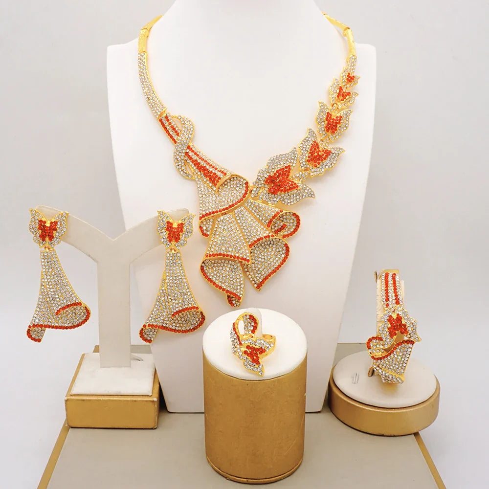 Latest Italian Dubai Gold Color Ladies Full Crystal Necklace Jewelry Set Simple Ring Bracelet Earrings African Jewelry Wedding