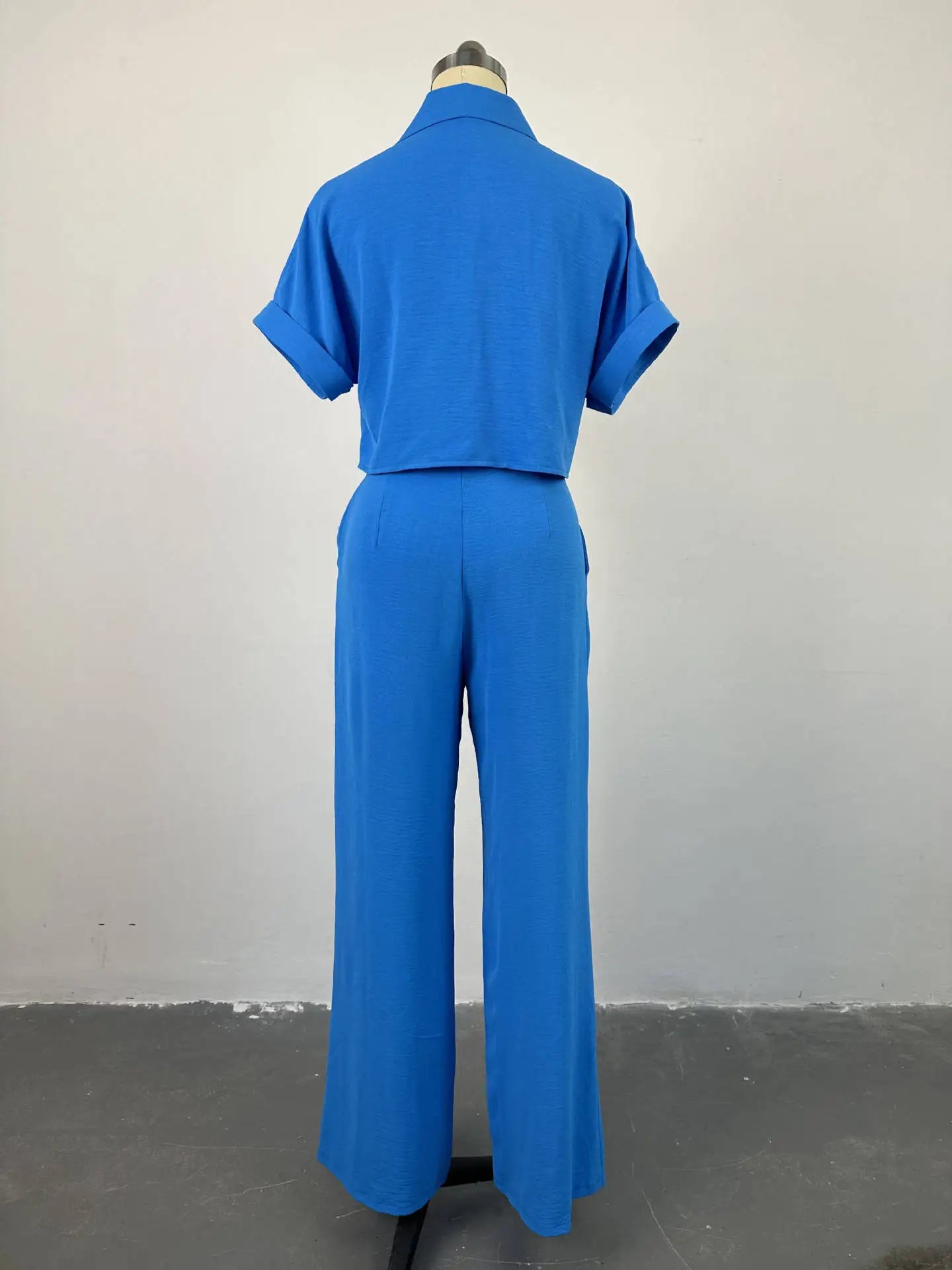 Casual Women's Solid Two Piece Sets Spring Summer Turn-down Neck Short Sleeve Loose Top & Wide Leg Pants Set Streetwear Outfits
