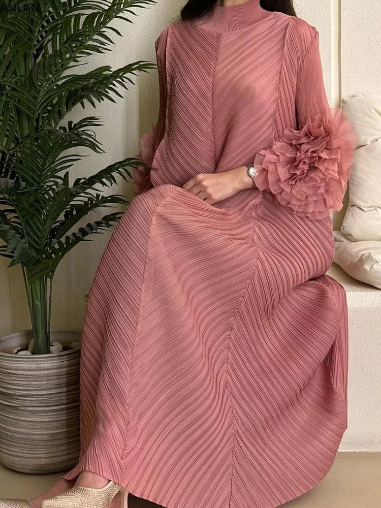 Pleated Maxi Long Dress Mesh Petal Sleeve Half Turtleneck Formal Dresses for Women 2024 New Hot Sales