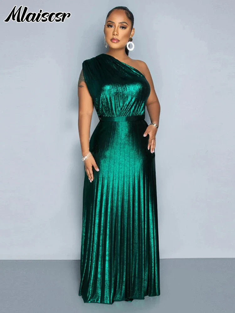Women's Metallic Golden One Shoulder Sleeveless Pleated A-Line Long Dress Elegant Luxury Evening Gowns