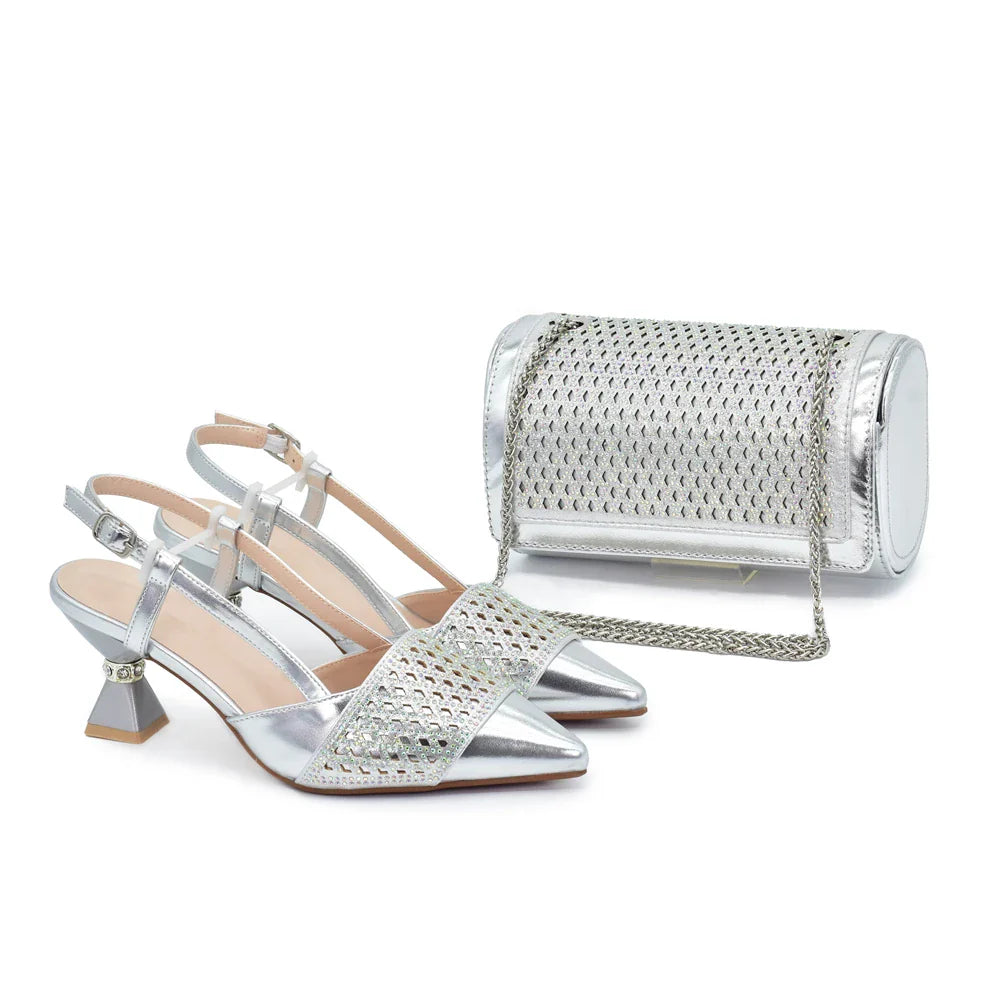Matching Italian Shoe and Bag Decorated with Rhinestone for Women