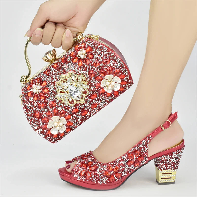 Italian Shoes and Bags Matching Set with Rhinestone Plus Size Shoes Luxury Italian Shoe and Bag Set 2025 Wedding Shoes Bride