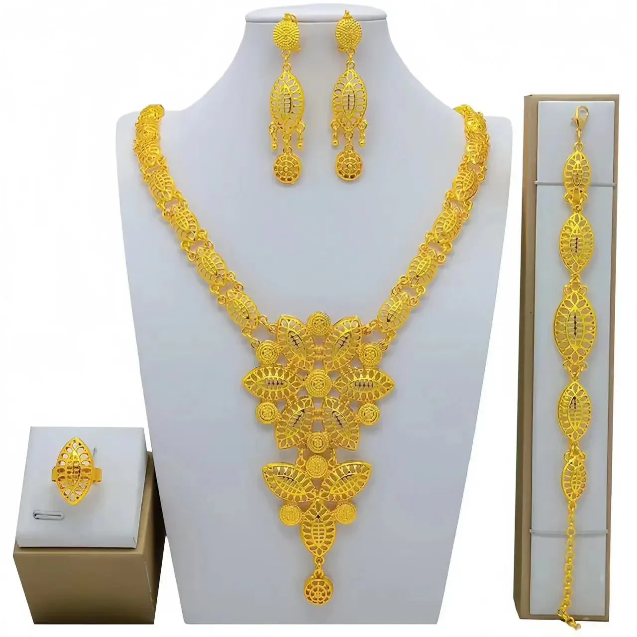 Fashion Dubai Flower Design Luxury 24k Gold Color Women's Jewelry Set African Fashion Bracelet Earrings Necklace Ring Four Piece