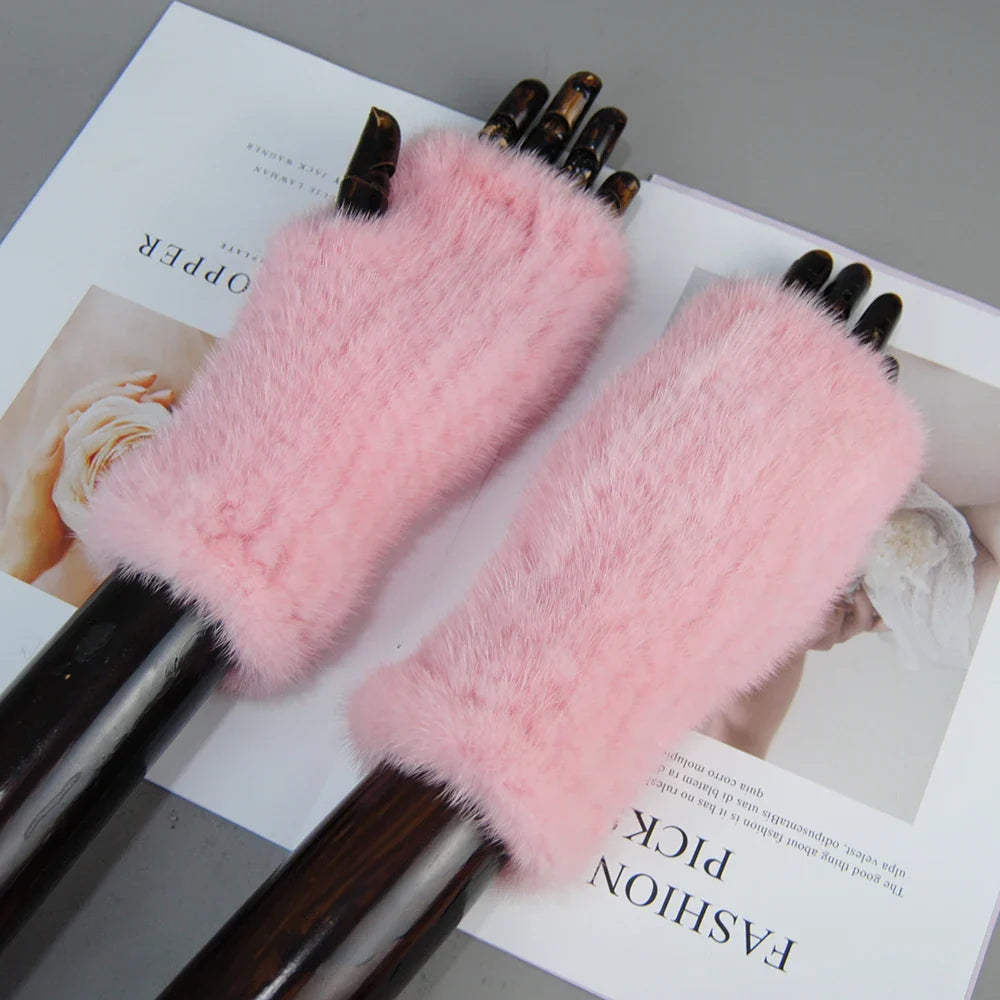 2025 New Brand Style Top Quality Women's 100% Winter Warm Real Mink Fur Knitted Half Finger Gloves Girls Typing Mittens