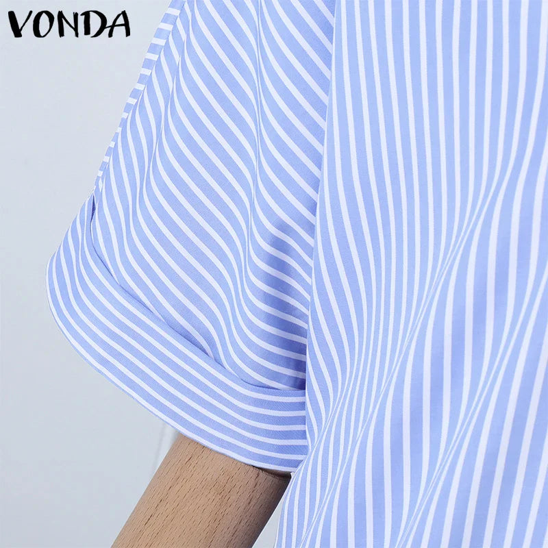 Elegant Striped Printing Short Sleeve Maxi Long Dress Casual Daily Shirt Dress 2025 VONDA Beach Party Sundress Bohemian Vestidos