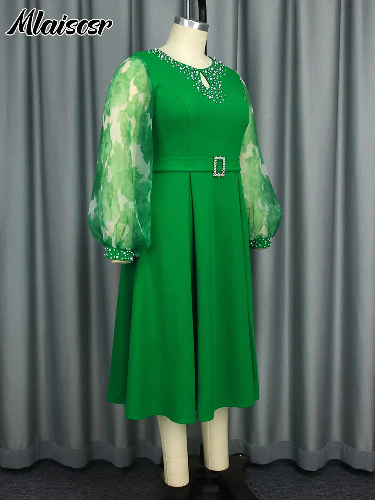Mlaiscsr Elegant Office Lady Dresses for Women Green O Neck Pearl Mesh Lantern Sleeve Belt A-line Celebrate Event Party Gowns