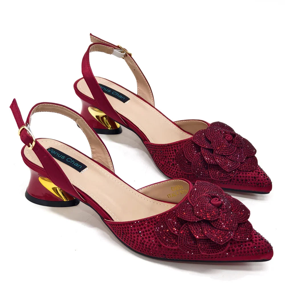 Women's Pointed-Toe Large Flower Decoration Rhinestone Low Heel Italian Shoes and Bags Set