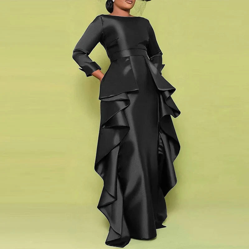 Plus Size 5XL Bohemian Maxi Long Dress 2025 VONDA Women Elegant Satin Dress Ruffle Sundress Casual Vestidos Solid Color Robe