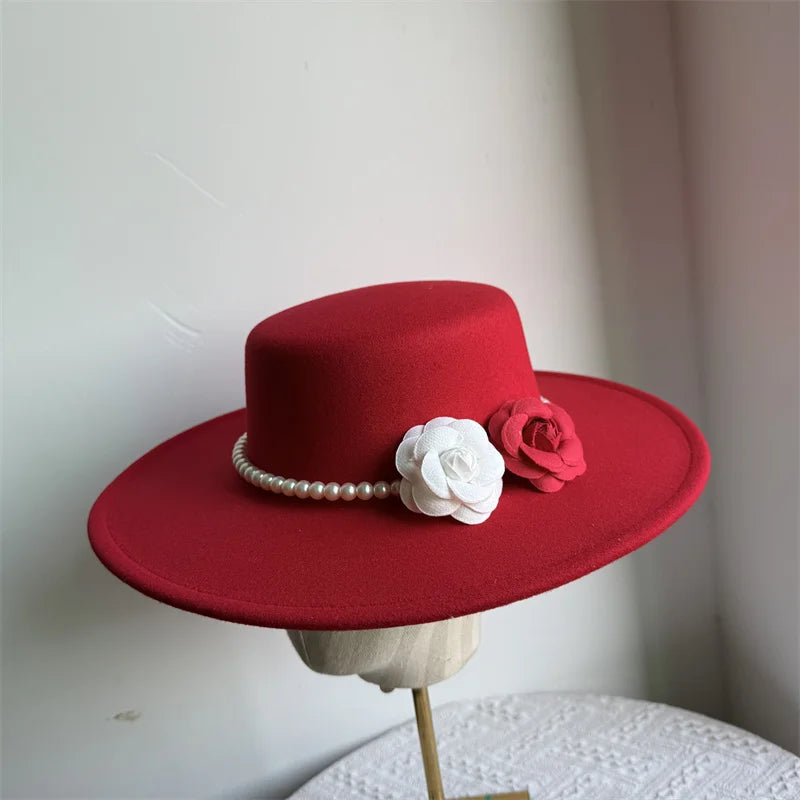 Women's Fashionable Fedora Hat 10CM Wide Brim Flat Top Felt Hats For Wedding And Jazz