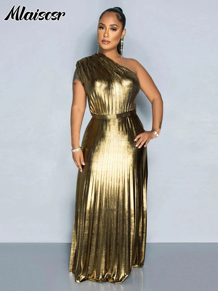 Women's Metallic Golden One Shoulder Sleeveless Pleated A-Line Long Dress Elegant Luxury Evening Gowns