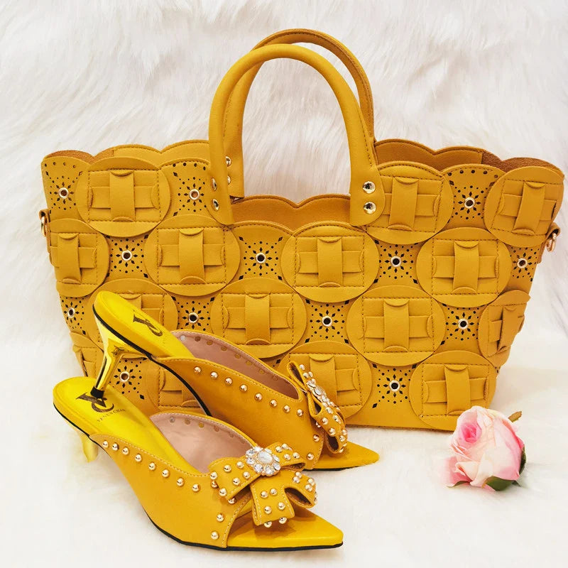 2022 Rivet Style  Women Shoes and Bag to Match in Color matching High Quality Nigerian Design Matching Shoes and Bag