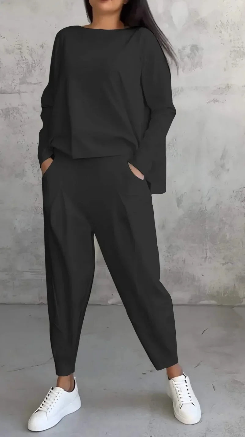 Women Two Piece Pant Sets Solid Full Sleeved Tops Round Neck Casual Midi Waist Long Pants Pockets Regular Elegant Lady