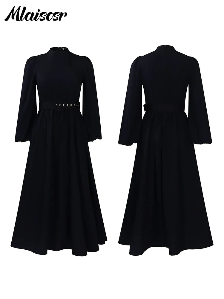Mlaiscsr Elegant Evening Wedding Guest Party Yellow Pleated Dress Woman O Neck Long Sleeve Belt Waisted Birthday Dinner Vestidos