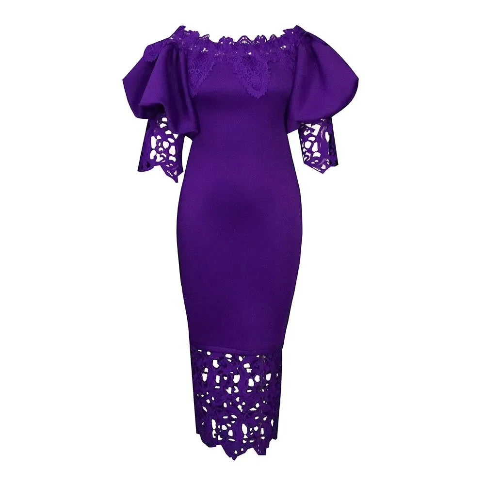 Trend Fashion Lace Midi Dress Women Slash Collar Short Sleeve Stitching Off-Neck Dress High Waist Solid Color Bodycon Sexy Dress