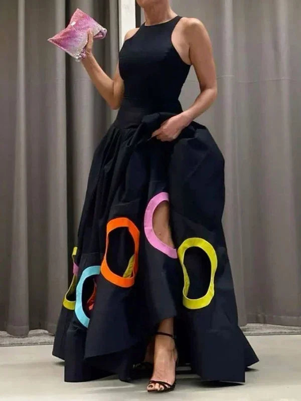 2025 Summer Women Elegant Party Evening Maxi Dresses Fashion Rainbow Printed Circle Hollow Out High Waist A-line Long Dress