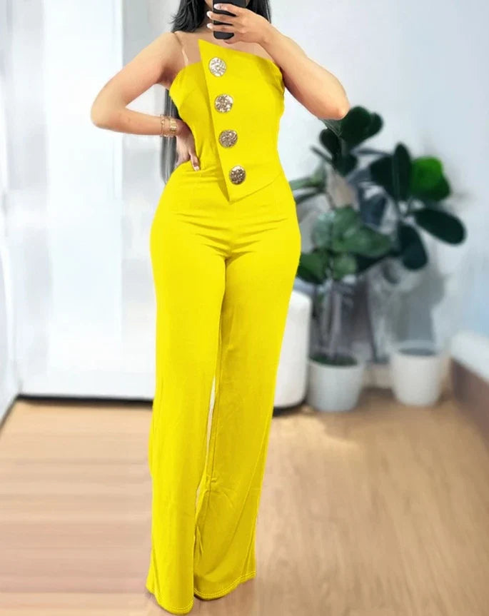 Women's Spring Fashion Rhinestone Fishnet Patch Sexy Jumpsuit