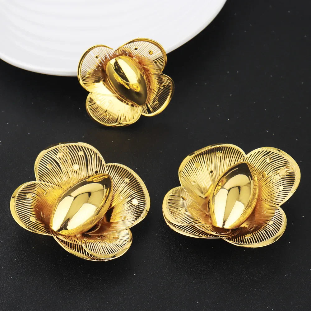 Luxury Exaggerated Gold Color Flower Shape Necklace Earrings Ring Bracelet Set for Women Jewelry Accessories Gift for Party