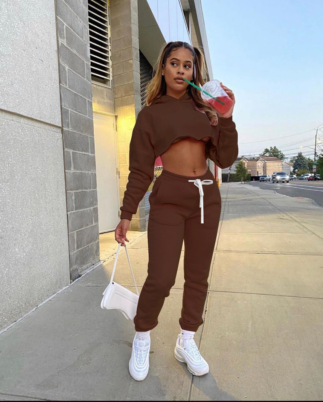 Women's Fitness Running Sets Fleece Long Sleeve Cropped Hoodies+Jogger Tracksuit