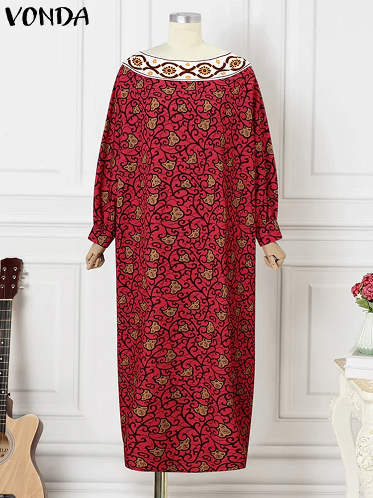 Women's Bohemian Printing Maxi Dress Long Bat-wing Sleeve Elegant Casual Round Neck