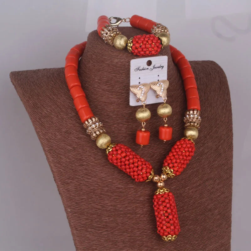 Dudo Orange Balls Artificial Coral Necklace African Beads Jewelry Sets Women Necklace Earrings Bracelet